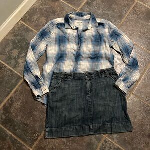 GAP Denim Skirt with American Eagle Flannel Print Button Up. Size M